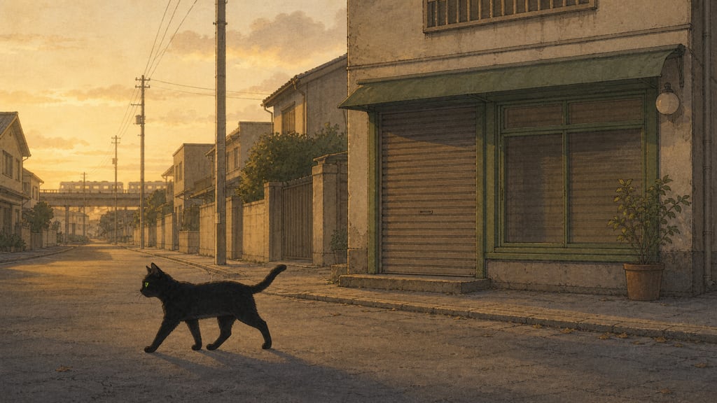 Dawn exterior of a tiny shuttered Japanese matcha café on an empty suburb street, a black cat crossing, distant train, soft grey-gold light