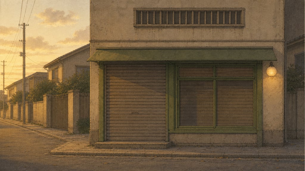 The same café shopfront, title-card composition: the closed door centered, one paper lantern, generous empty space above