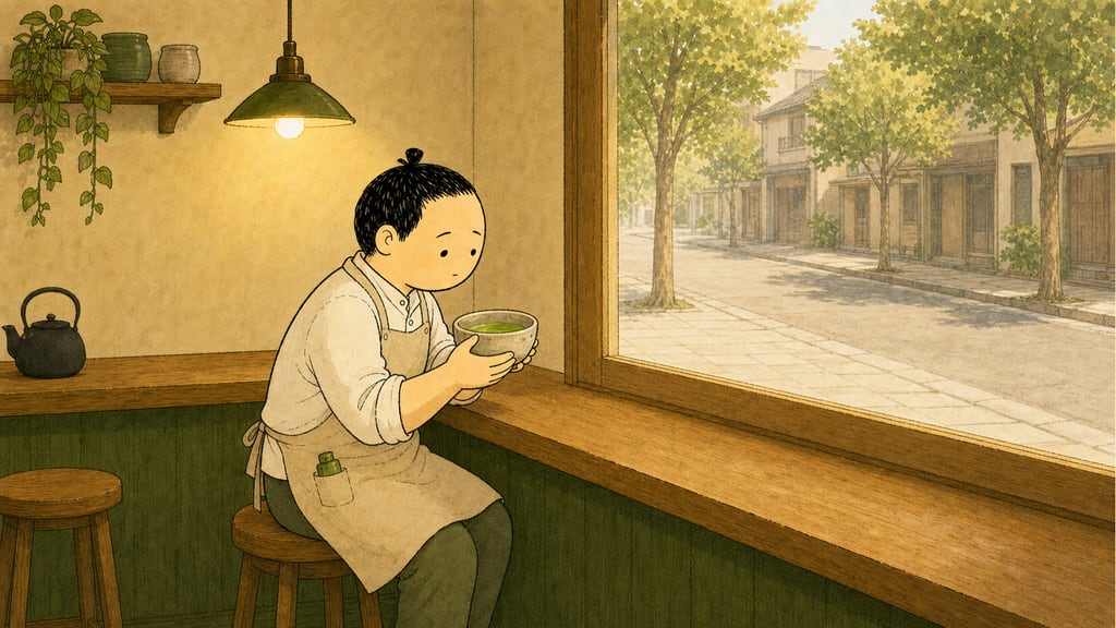 The barista drinking the matcha himself by the window, quiet and resigned, street empty outside