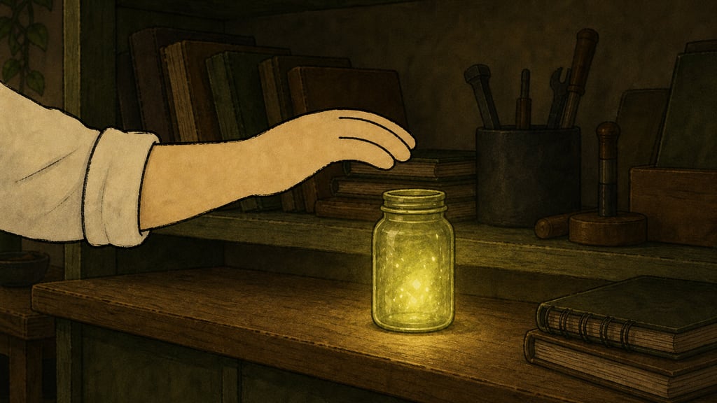 Close-up: his hand hovering over the glowing jar, not touching, half in shadow