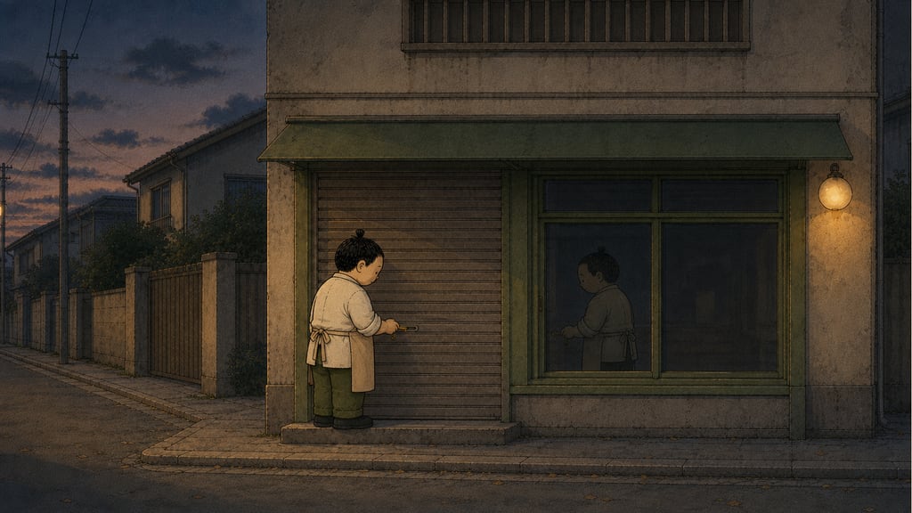Evening exterior: the barista locking the shop door, his reflection alone in the dark glass
