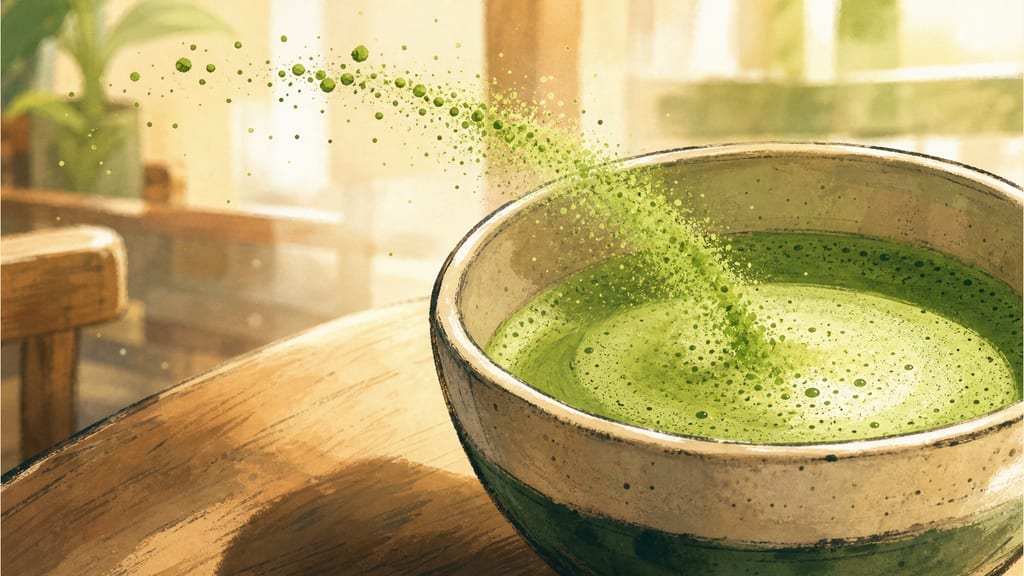 Dynamic close-up: a pinch of glowing green dust arcing through the air toward the matcha bowl, slow-motion feel