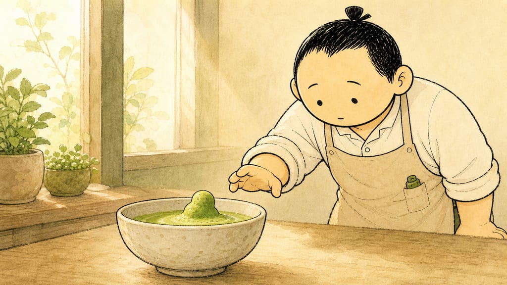 The foam clumping into a soft chewy lump that is rising out of the bowl, the barista frozen mid-reach
