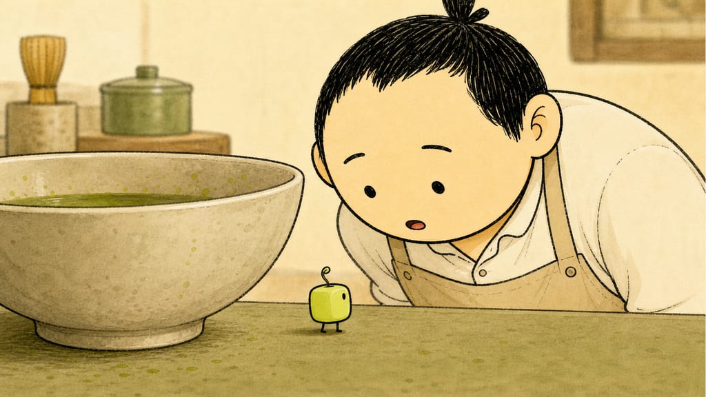 Eye-to-eye: the astonished barista and the tiny green creature regarding each other across the bowl rim, mouth open mid-word
