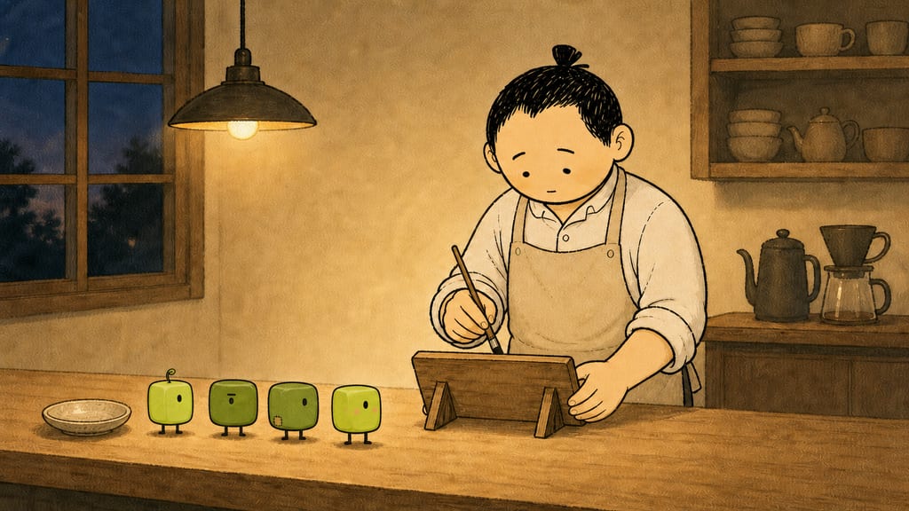 Evening: the barista hand-lettering a small wooden sign, brush in hand, four creatures watching