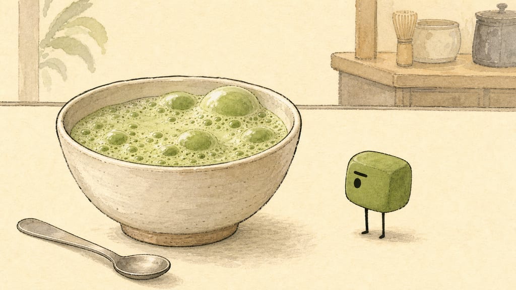 Diagram-like frame: a creature giving a slow disappointed blink at a bowl of too-large foam bubbles