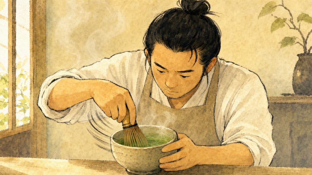 The barista's face in fierce concentration, whisk blurred with speed, steam rising