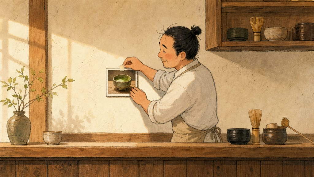 The barista taping a photograph of a tea bowl to the wall like a framed diploma