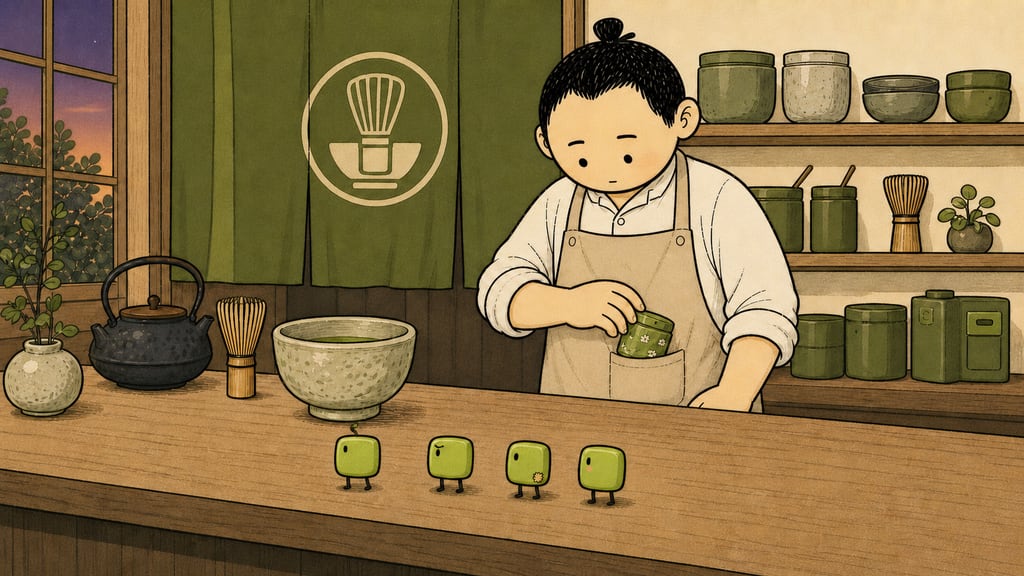 The barista placing a small tea tin into his apron pocket and patting it, four creatures watching intently