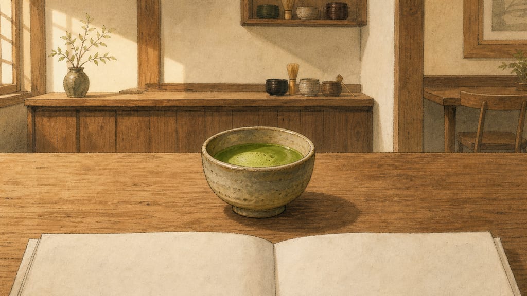 Over-the-newspaper view: a full matcha cup innocently on the table, café quiet