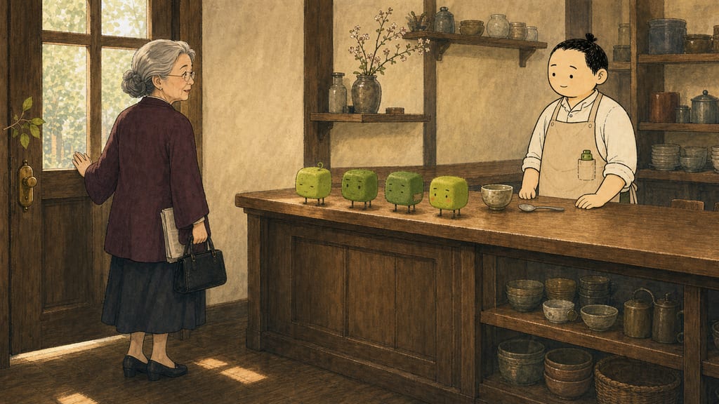 At the door without turning, speaking gently, the four visibly sagging with relief mid-frame
