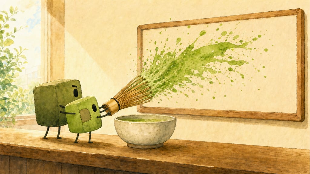 Two creatures in tandem grip on the whisk, foam spraying across a menu board in green calligraphy splatters