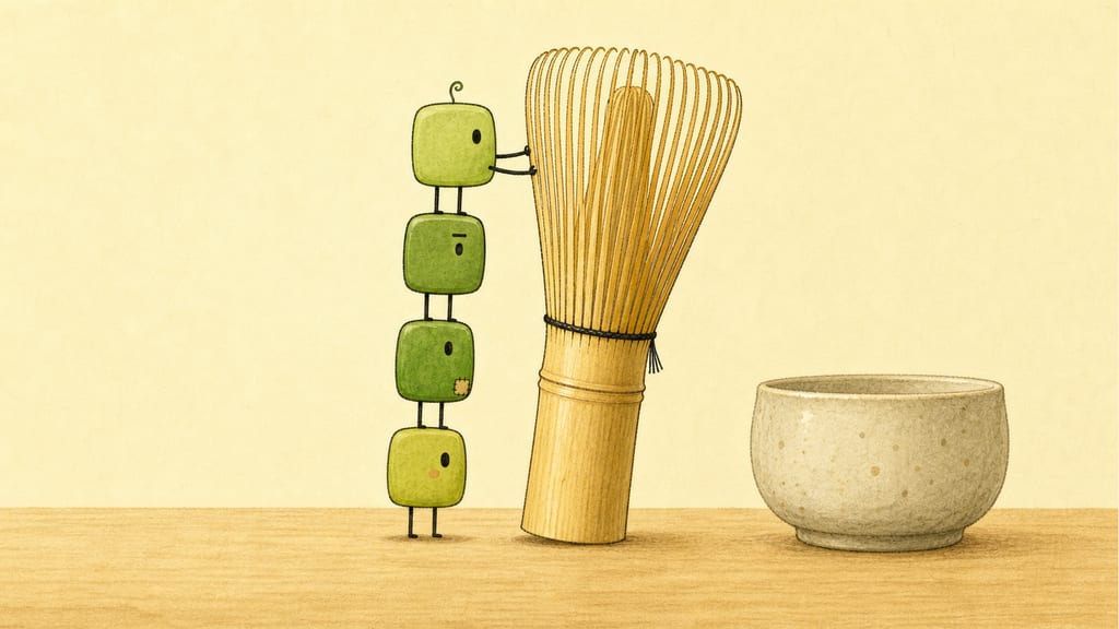 The four-creature stacked tower gripping the whisk together, wound up, total silence before release