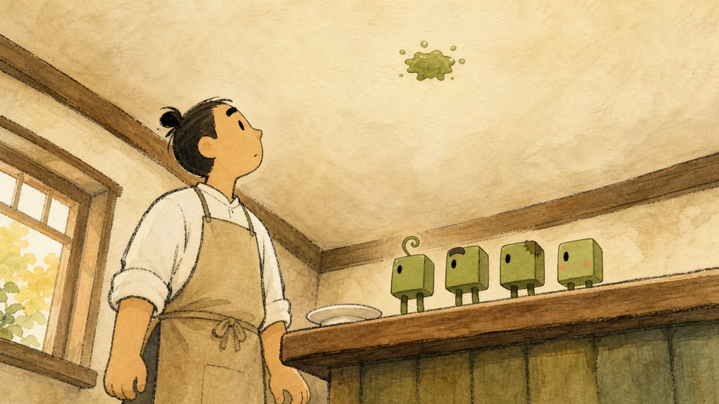 The foam landing on the ceiling with a soft historic plop, four creatures and the barista gazing up
