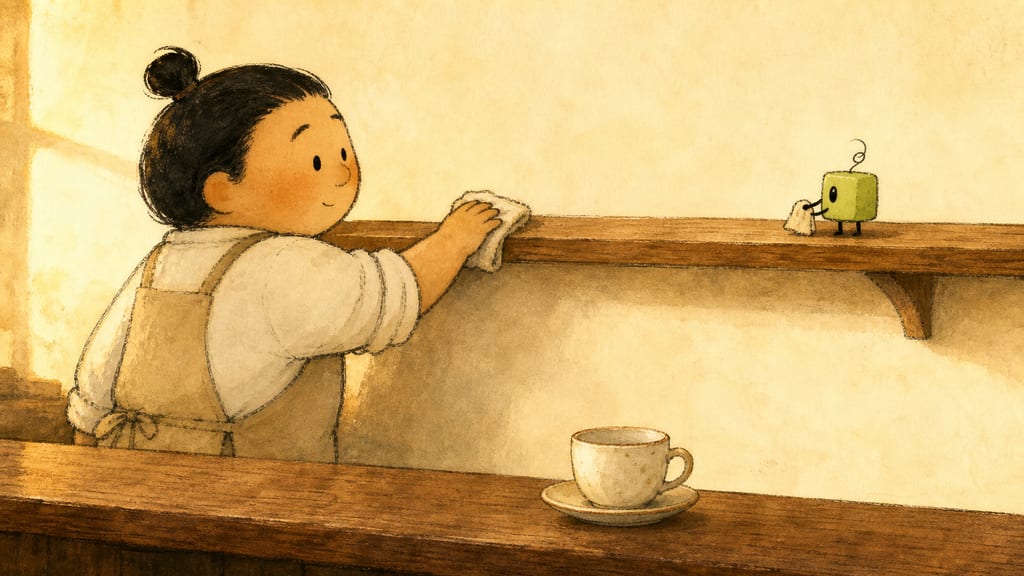 Quiet two-shot: the barista and the tiniest creature wiping the same shelf side by side, wordless warmth