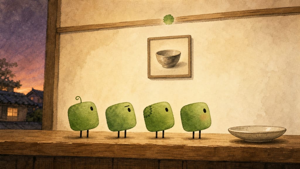 Closing frame: the four nodding solemnly at the preserved green ceiling mark like a historic monument