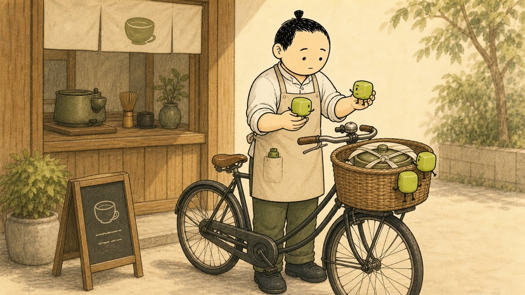 Gag sequence frame: the barista lifting four creatures out of a bicycle basket while they climb back in from the other side