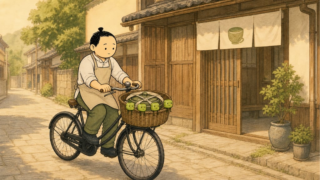 The loaded bicycle setting off down a Japanese suburb street, four creatures riding in the basket like a crew