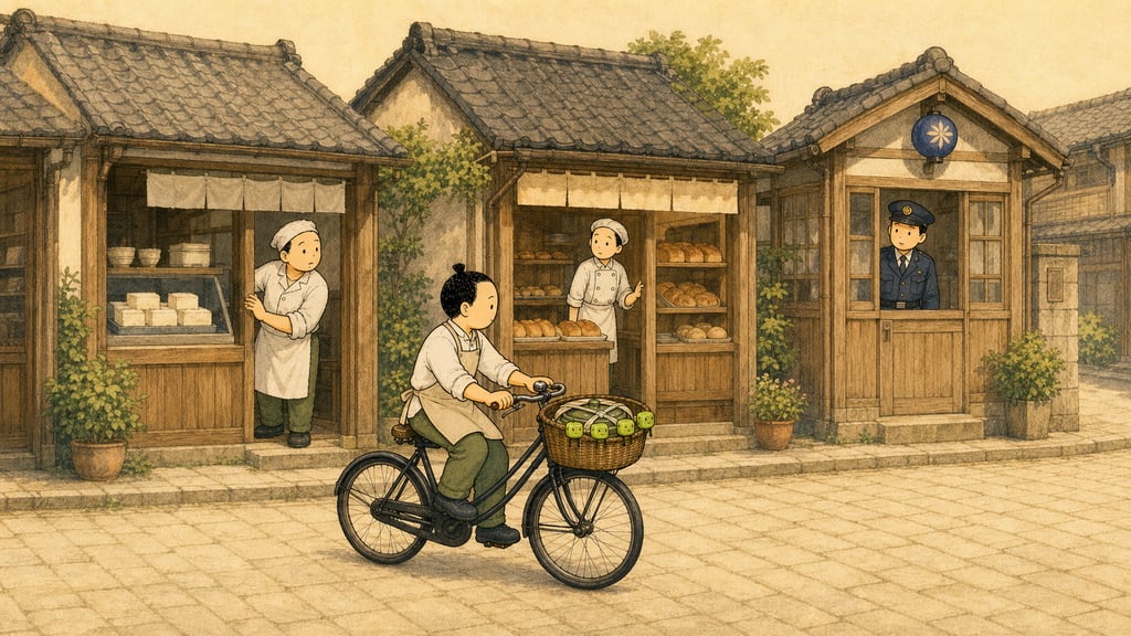 Passing streetscape: a tofu shop, a bakery and a small police box, shopkeepers glancing up at the bicycle