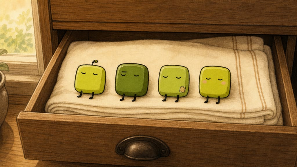 Dawn: four shapes asleep in a row inside the tea-towel drawer, expressions of profound suspicious innocence