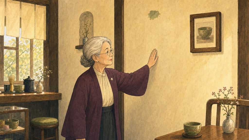 The dignified grandmother surveying the café wall — diploma photo, green ceiling mark — and tapping the empty space between them
