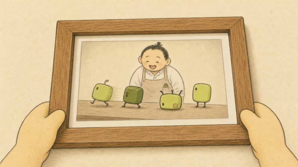 The photo going into a good wooden frame, small hands adjusting the corners