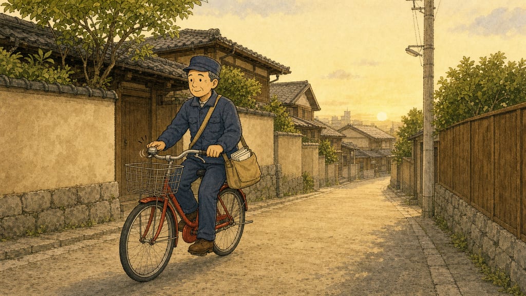 Dawn street: a weathered Japanese postman on a red bicycle, bell ringing once, mailbag full