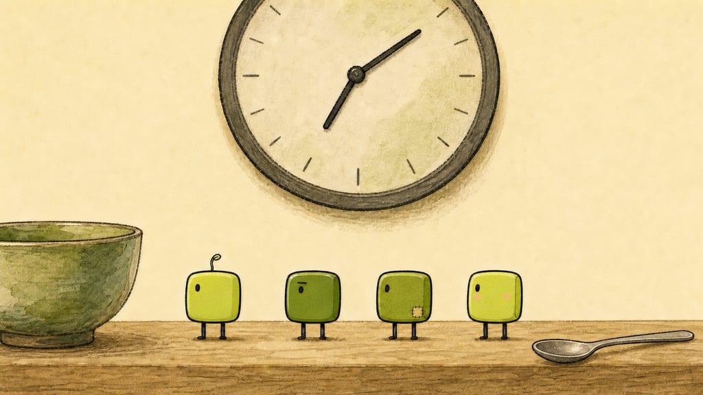 Four creatures in statue pose, blameless as flowerpots, one clock looming loud on the wall