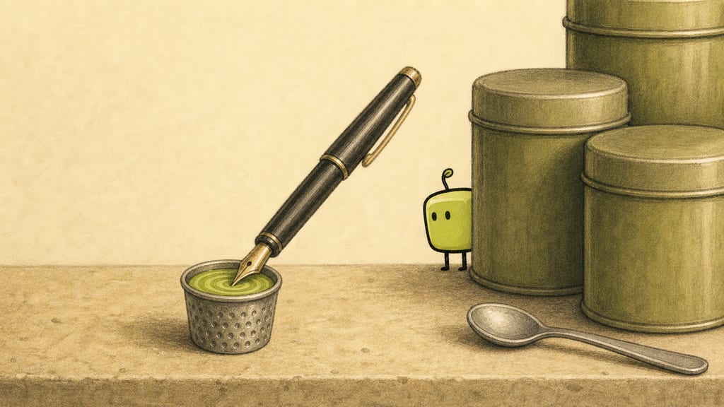 Slow reveal behind the tins: a fine pen propped at whisking angle over a thimble of foam, tiny practice strokes visible