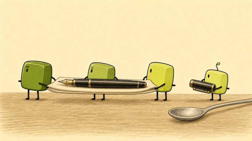 The tribunal: the pen borne back on a folded napkin by all four creatures in procession, the tiniest carrying the cap at the rear