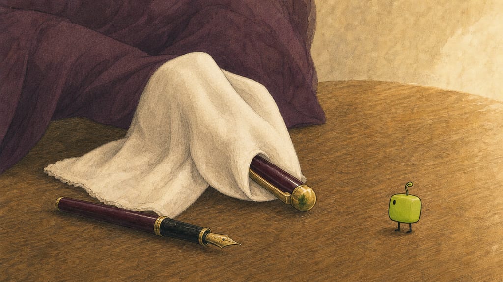 Close-up: a matcha smudge on the pen cap, her white handkerchief cleaning it, judgment pending