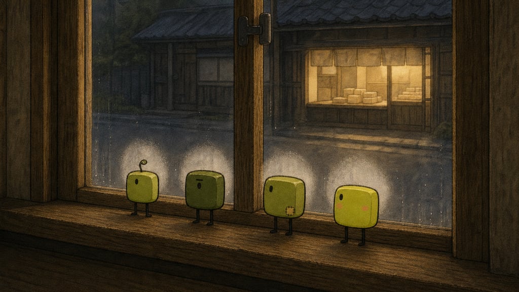 Across the road: four small green faces pressed to the café glass, fogging it, transfixed