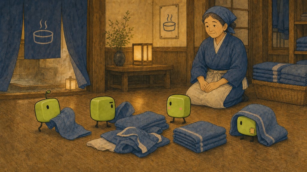 Closing time: the creatures awake, slightly plumper with humidity, folding a towel catastrophically — one creature folded inside