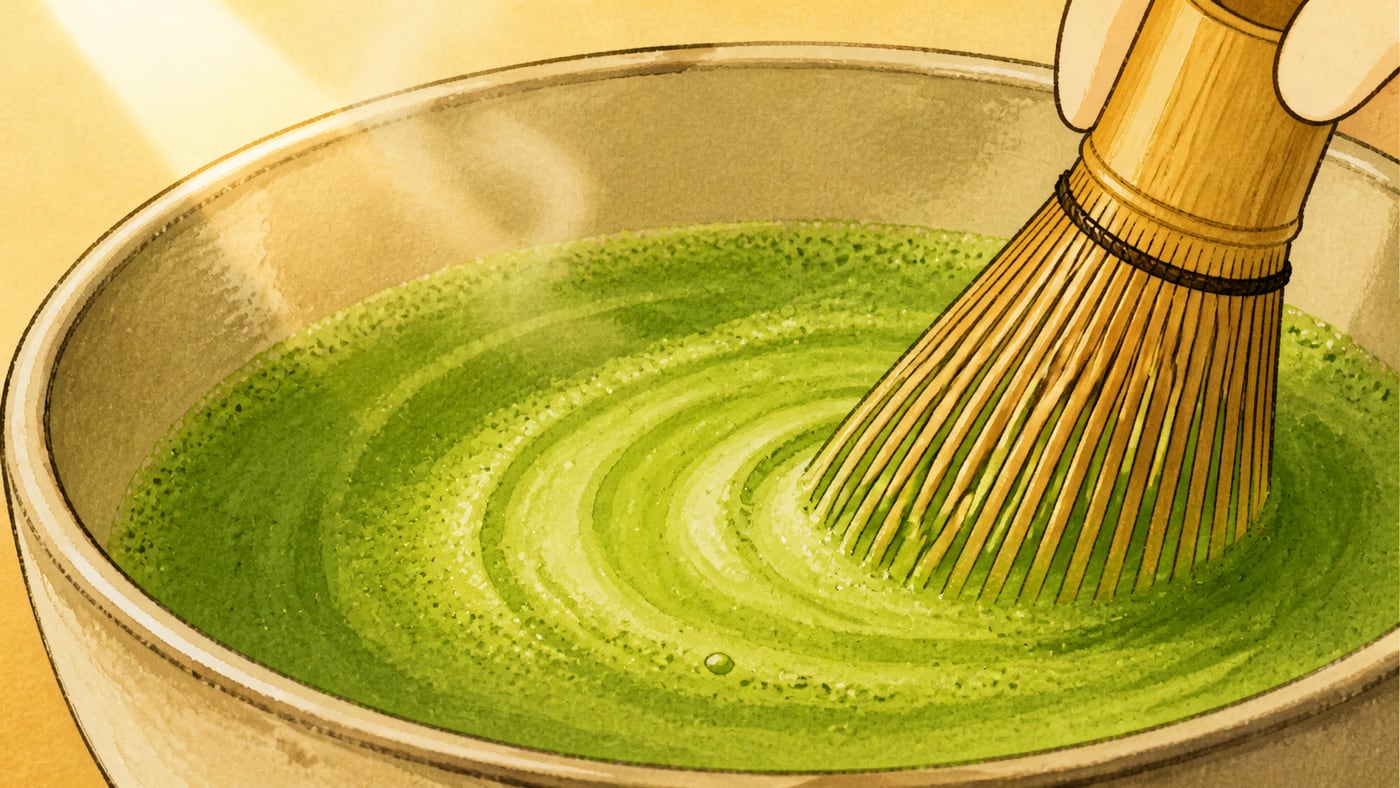 A bamboo whisk drawing a slow spiral in a bowl of bright green matcha